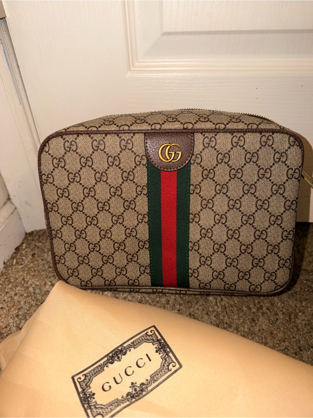 Gucci Brown/Beige GG Supreme Toiletry Pouch with Green and Red Web